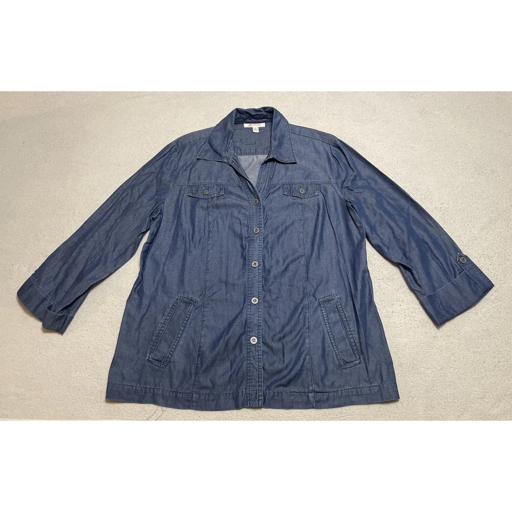 JM Collection Jacket Womens Size 16 Blue Denim Roll Tab Sleeve Metal Button Up